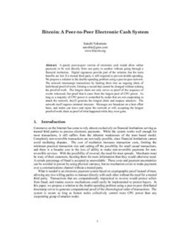 Bitcoin： A Peer-to-Peer Electronic Cash System（Nakamoto S.）