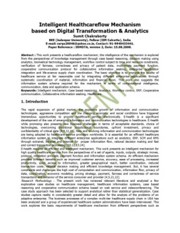 Intelligent Healthcare flow Mechanism based on Digital Transformation & Analytics（Sumit Chakraborty）（2008）